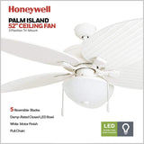 Honeywell Ceiling Fans Inland Breeze, 52 Inch Tropical Indoor Outdoor Ceiling Fan with Light, Pull Chain, Three Mount Options, Weather Resistant Blades - 50511-01 (White) Honeywell Ceiling Fans