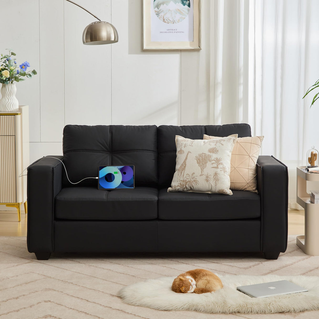 TYBOATLE 65" Black Faux Leather Sofa Couches for Living Room, Mid-Century Modern Tufted Comfy Small Loveseat w/USB Charging Ports and Wide Arms, 2 Seater Office Small Couch for Small Space Bedroom TYBOATLE