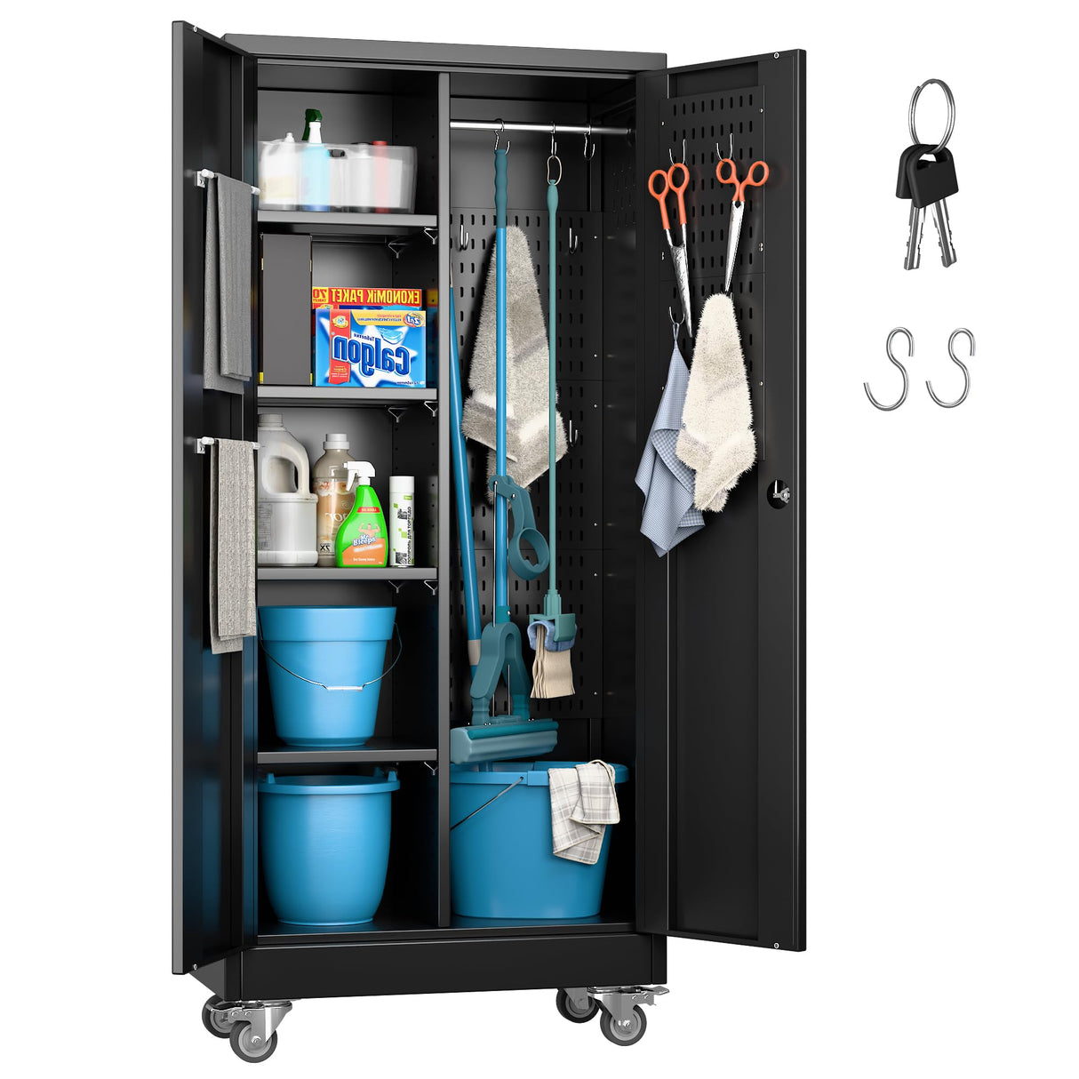 GangMei Garage Storage Cabinet with Wheels and 5 Pegboard, Broom Closet Storage Cabinet with Hanging Rod and 13 Hooks, Metal Cabinets with Locking Doors and 4 Shelves, 61.7"H x 27.6"W x 13.8"D,Black GangMei