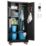GangMei Garage Storage Cabinet with Wheels and 5 Pegboard, Broom Closet Storage Cabinet with Hanging Rod and 13 Hooks, Metal Cabinets with Locking Doors and 4 Shelves, 61.7"H x 27.6"W x 13.8"D,Black GangMei