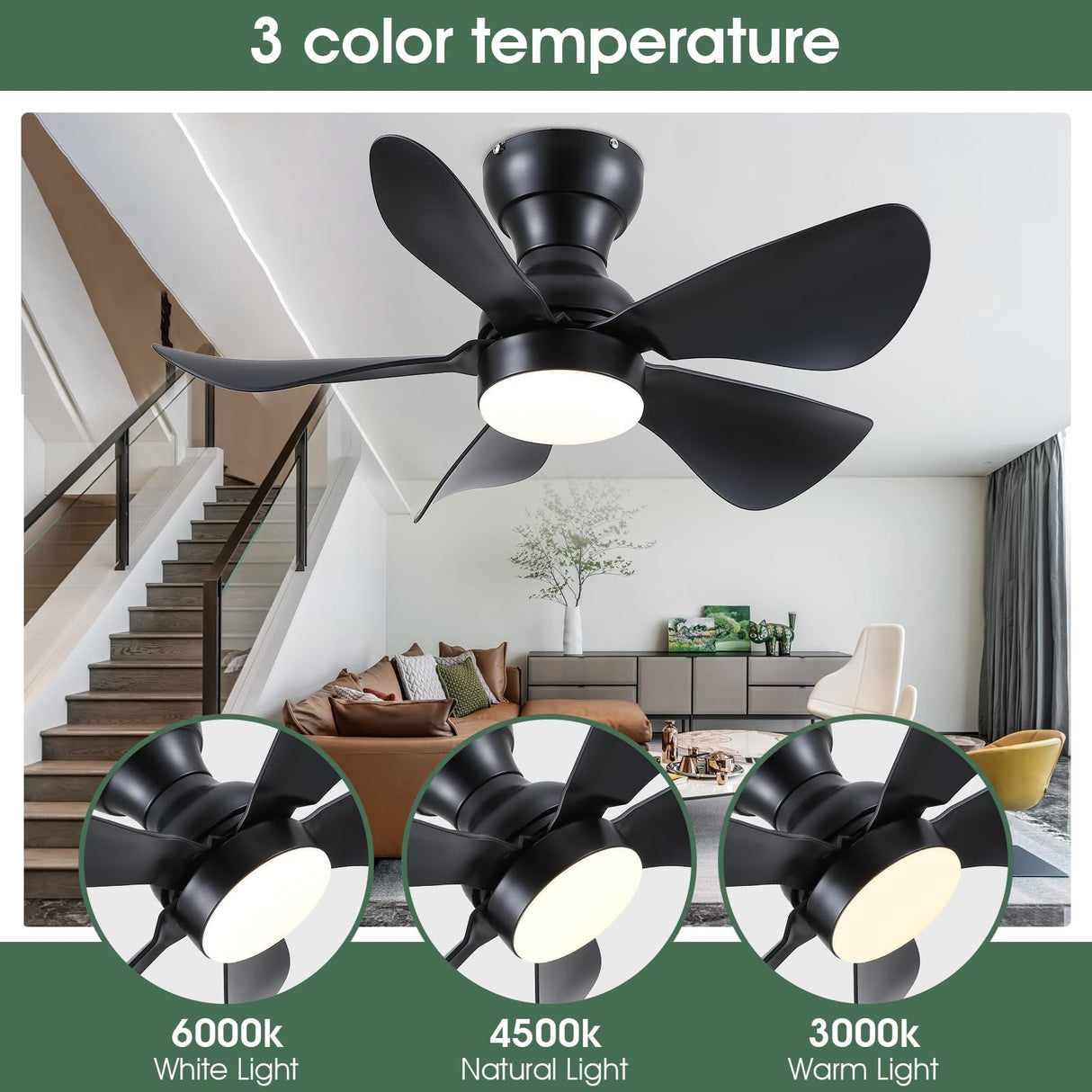Kviflon Ceiling Fans with Lights and Remote/APP Control, 30 inch Low Profile Ceiling Fans with 5 Reversible Blades 3 Colors Dimmable 6 Speeds Ceiling Fan for Bedroom Kids Room Dining Room, Black Kviflon