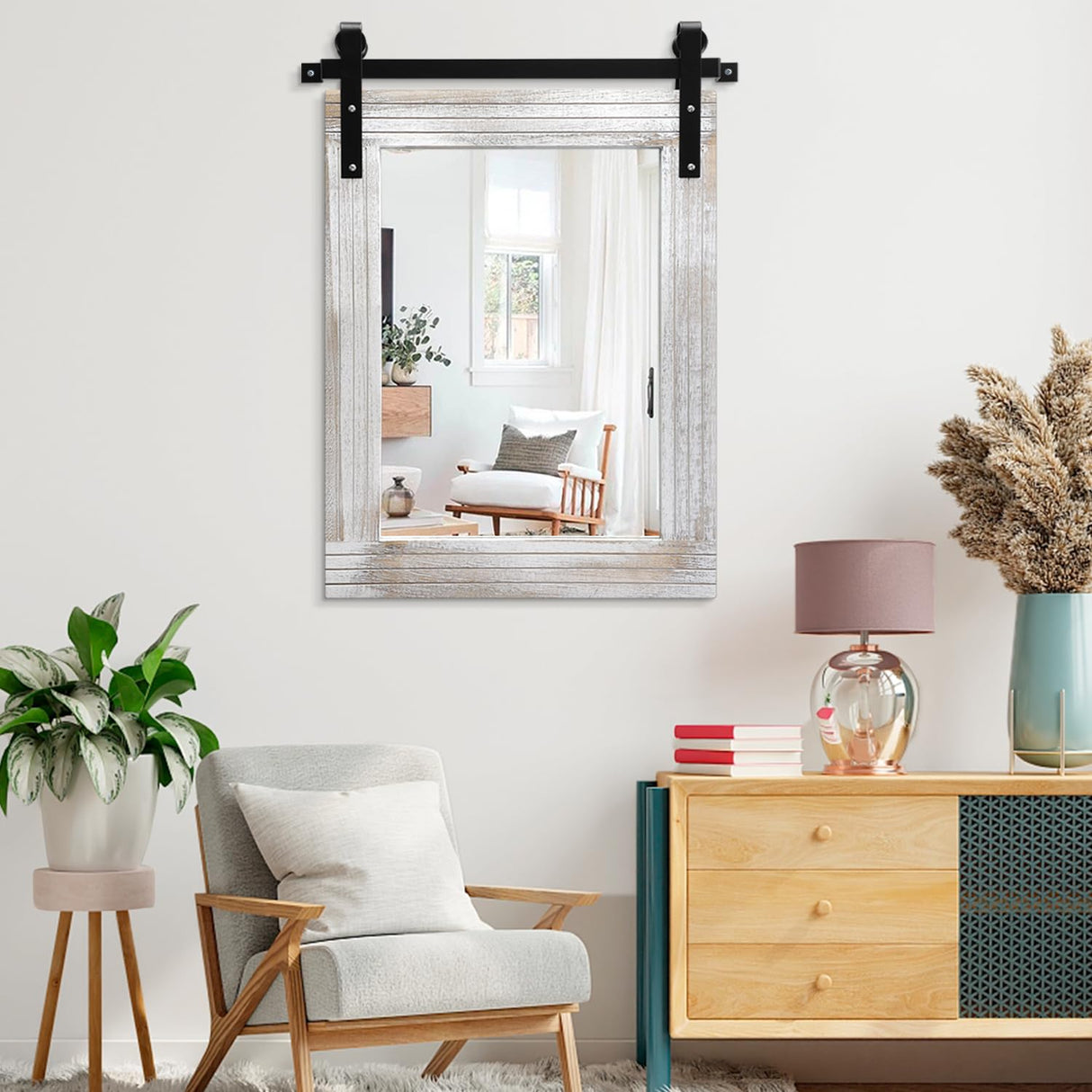 AAZZKANG Large Wall Mirror Barn Door Style Decor Rustic Wood Mirror 30"x22" Rectangle Farmhouse Bedroom Bathroom Mirror AAZZKANG