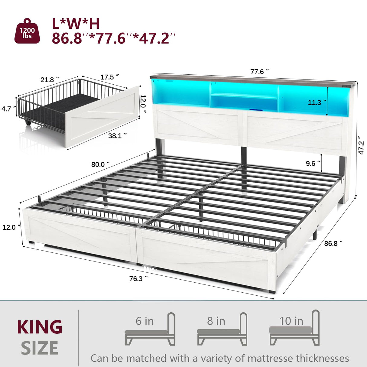ROCHECASA King Size Bed Frame with Bookcase Storage and Drawers, Farmhouse Bed with High Headboard, Charging Station and LED Lights, No Box Spring Needed, Noise Free, Easy Assembly, Antique White ROCHECASA