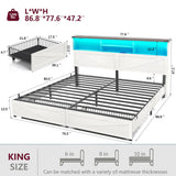 ROCHECASA King Size Bed Frame with Bookcase Storage and Drawers, Farmhouse Bed with High Headboard, Charging Station and LED Lights, No Box Spring Needed, Noise Free, Easy Assembly, Antique White ROCHECASA