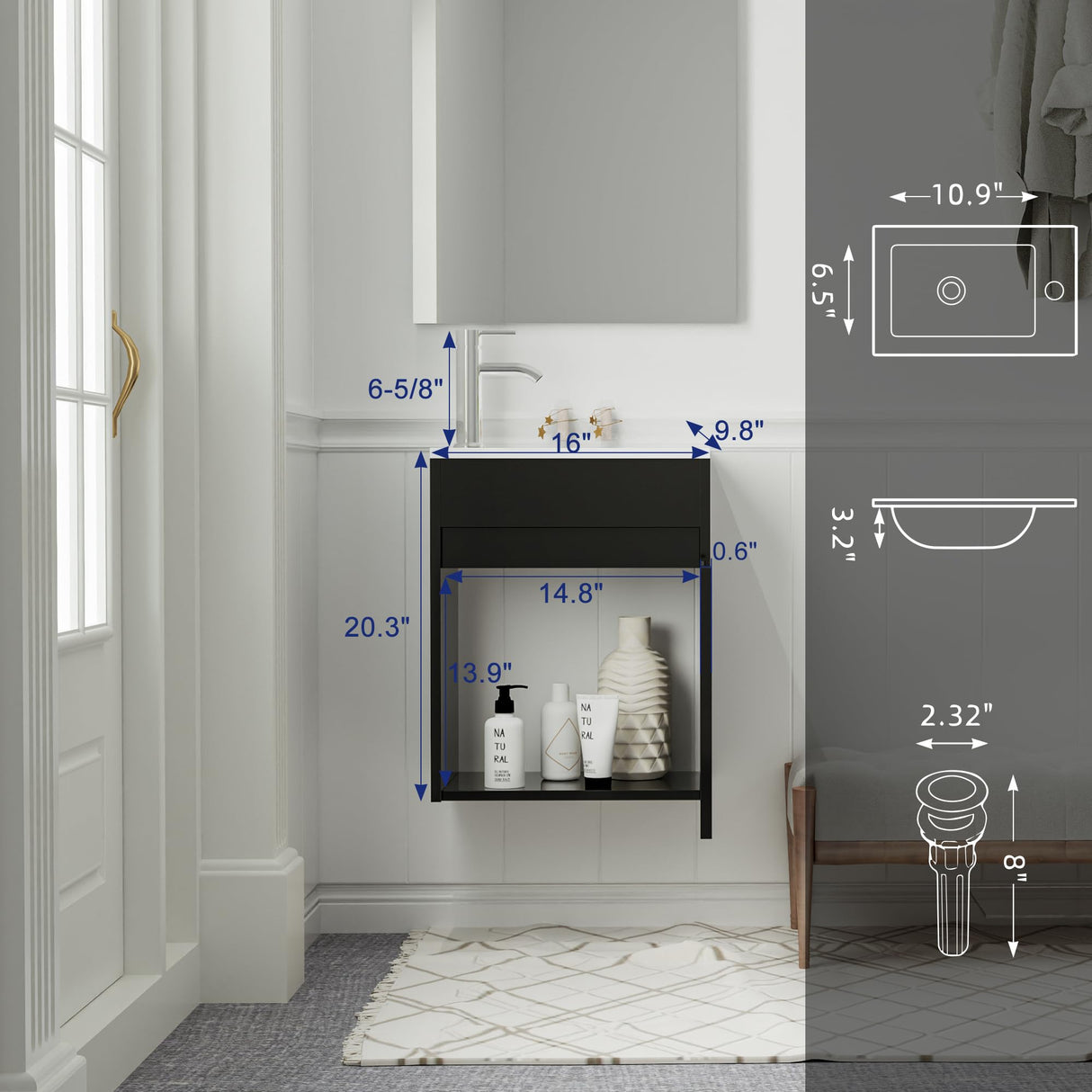 eclife 16" Small Bathroom Vanity Sink Combo, Modern Painted Wall Mounted Floating Cabinet W/Decoration Lines, Resin Basin Sink Top, Chrome Water Save Faucet & Pop Up Drain (Piano Black) eclife