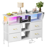 YILQQPER LED TV Stand with Power Outlet for Living Room, TV Media Console for TVs 50 Inch, Modern Dresser TV Stand with 4 Fabric Drawers & Shelves, Media Entertainment Center for Bedroom, White YILQQPER