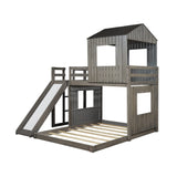 Harper & Bright Designs House Bunk Beds Twin Over Full Size, Wood Bunk Beds with Roof and Window (Distressed Grey, Twin Over Full (with Slide)) Harper & Bright Designs