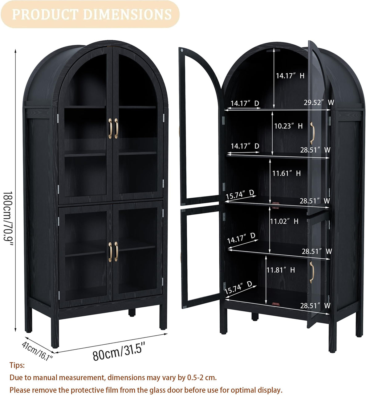 70.9'' Tall Arched Display Cabinet with Acrylic Glass Doors, Modern 5-Tier Arched Bookcase, Kitchen Pantry Storage Cabinet Curio Cabinets for Living Dining Room (Black, 31.5‘’W) Lxsxlome