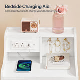 HOOBRO Nightstand with Charging Station and LED Light, Bedside Table with Fabric Drawer, End Table with USB Ports & Outlets, Modern Side Table, Sofa Table for Bedroom, White WT188UDBZ01 HOOBRO