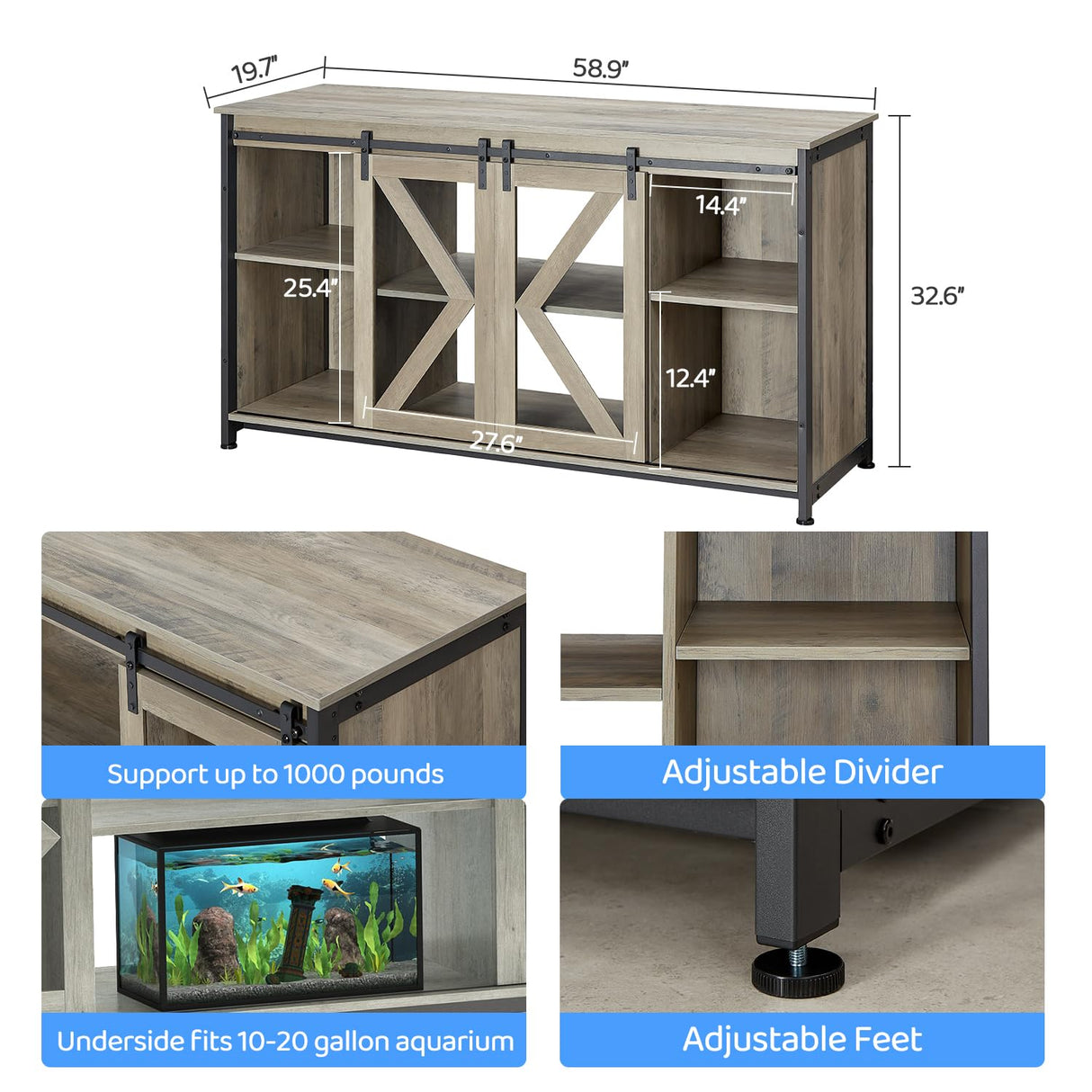 DetalleGo 50-80 Gallon Fish Tank Stand, Heavy Duty Aquarium Stand with Cabinet for Fish Tank Accessories Storage - 1000 LBS Capacity, 58.9" L x 19.7" W x 32.6" H, Gray DetalleGo