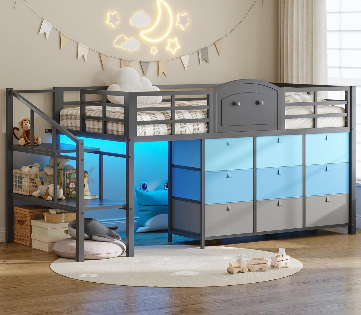 VIAGDO Low Loft Bed Twin Size with 9 Storage Drawers and LED Lights, Metal Twin Loft Bed with Stairway Shelf Storage, Low Loft Bed with Safety Guardrail and Under-Bed Hideaway for Kids, Grey VIAGDO