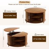YKVIQBY Round Lift Top Coffee Table, 31.5" Fluted Wood Accent Coffee Table with 180° Curved Sliding Door, Hidden Storage, Mid Century Modern Center Table for Living Room Office Small Spaces, Walnut YKVIQBY