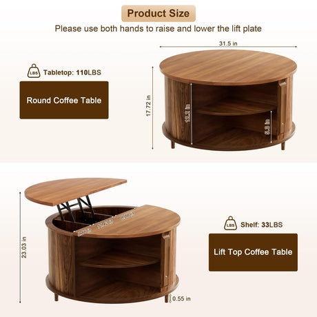 YKVIQBY Round Lift Top Coffee Table, 31.5" Fluted Wood Accent Coffee Table with 180° Curved Sliding Door, Hidden Storage, Mid Century Modern Center Table for Living Room Office Small Spaces, Walnut YKVIQBY