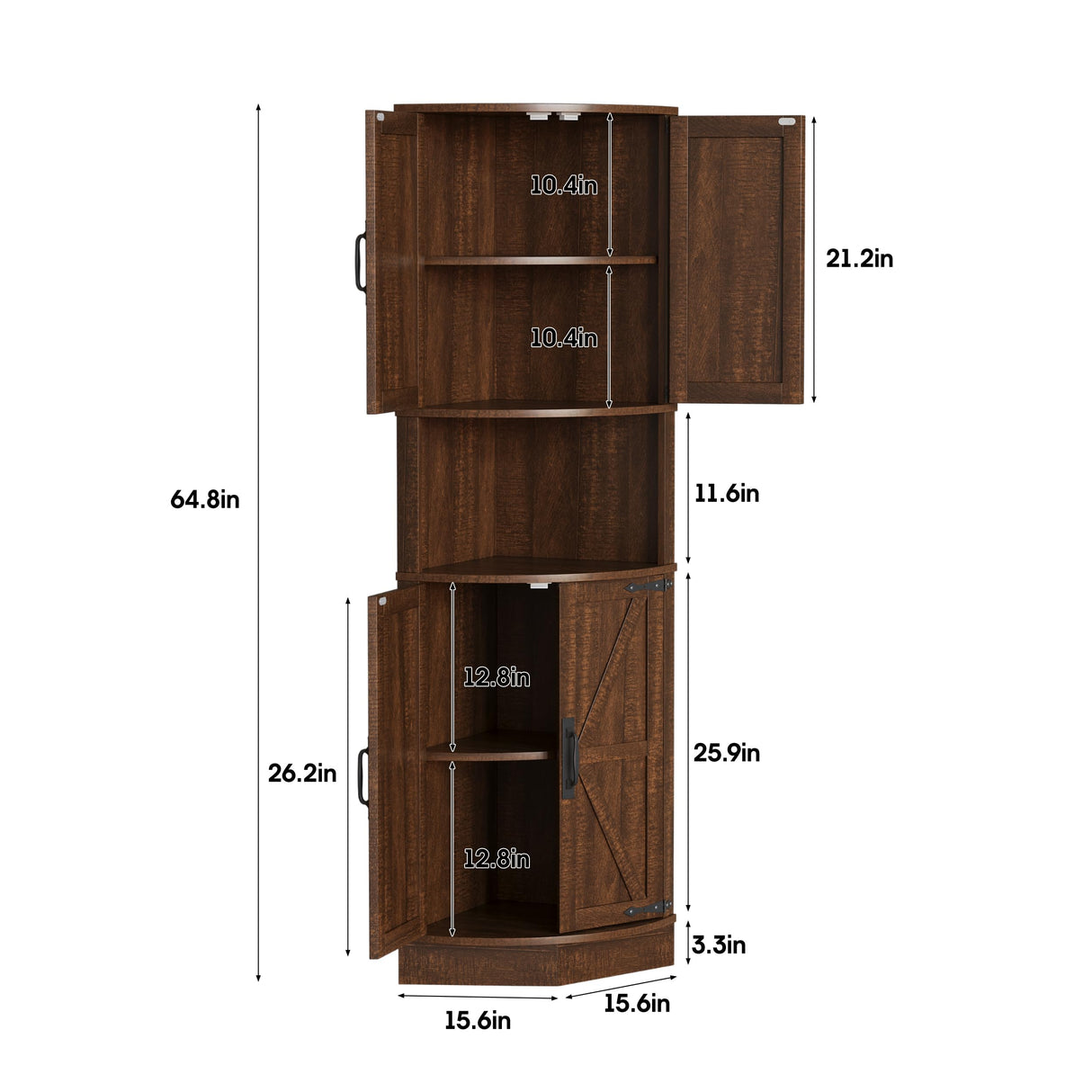 Vabches 64.8" Tall Farmhouse Corner Cabinet with 4 Doors and 5 Storage Shelves, Farmhouse Storage Cabinet with Barn Door Design, Home Space Saver for Living Room, Kitchen, Laundry Room,Brown Vabches