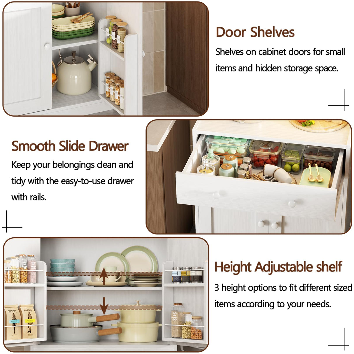 Korfile 71" Tall Kitchen Pantry Storage Cabinet with Power Outlet & LED Light, Freestanding Food Pantry Cabinet with 4 Doors and Shelves, Cupboard with Drawer, Hutch with Microwave Stand, White Korfile