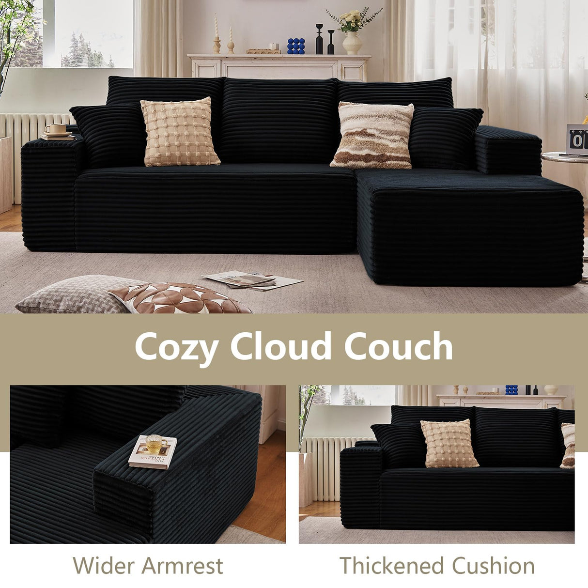107" Modular Sectional Couches for Living Room, Comfy Boneless L Shaped Cloud Couch with Chaise Lounge, Modern Cozy Corduroy Deep Seat Floor Sofa, Memory Foam, No Assembly Required, Black Lakifun