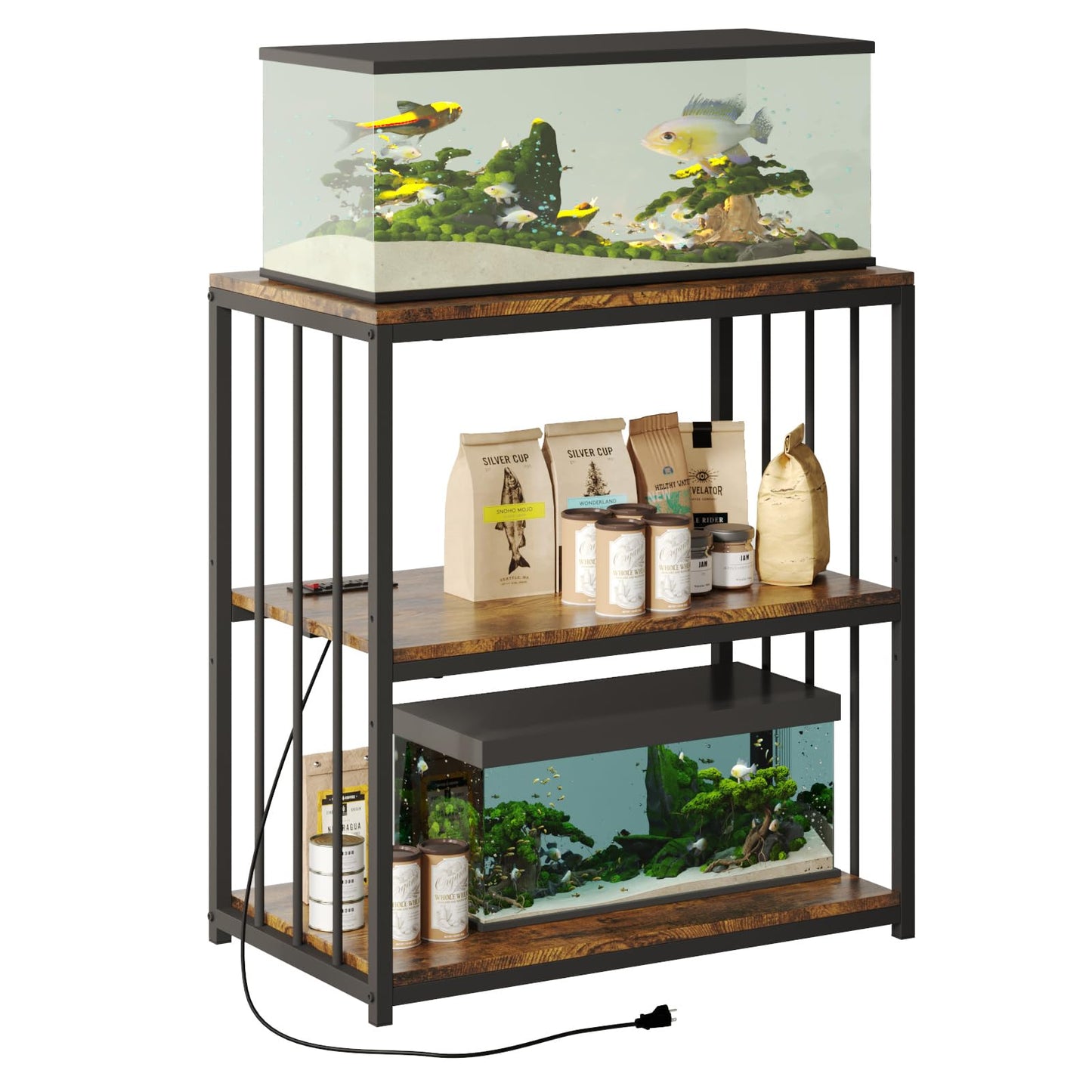 20 Gallon Fish Tank Stand with Power Outlet, Aquarium Stand with Shelf, Metal Reptile Terrarium Tank Stand, 3-Tier Adjustable Storage Shelves, 29.5''L×15.7''W×30''H, Retro Brown