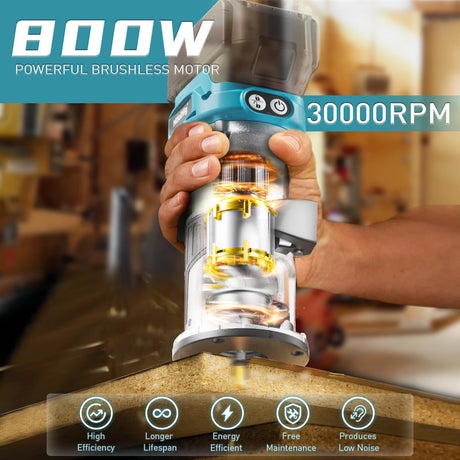 Cordless Compact Router for Makita 18V Battery (Bare Tool), 6 Variable Speeds Router Tool for Woodworking, 800W 30,000 RPM Fixed Base Wood Router with Trim Router Bits, Edge & Roller Guide, Dust Hood MtiolHig