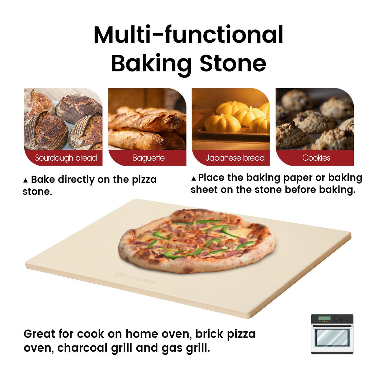 ROCKSHEAT Pizza Stone, Rectangular Extra Large 22" x 14" x 0.6" Pizza Stones for Oven Grill BBQ, Industrial Commercial Heavy Duty Cordierite Baking Stone for Pizza Bread, Outdoor Pizza Accessories ROCKSHEAT