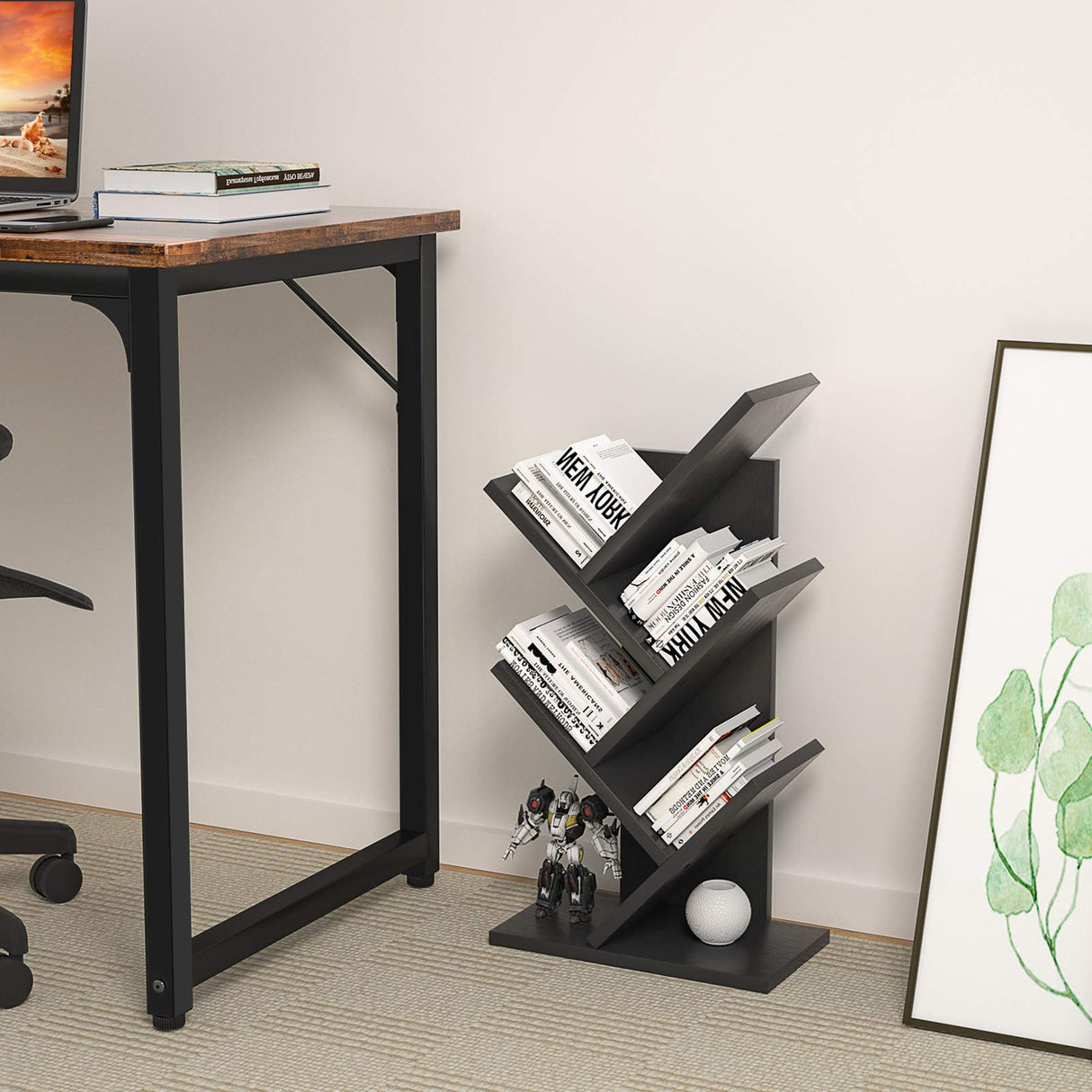 Topfurny Tree Bookshelf, 4-Tier Book Storage Organizer Shelves Floor Standing Bookcase, Wood Storage Rack for Office Home School Shelf Display for Cd/Magazine/Book -Black Topfurny