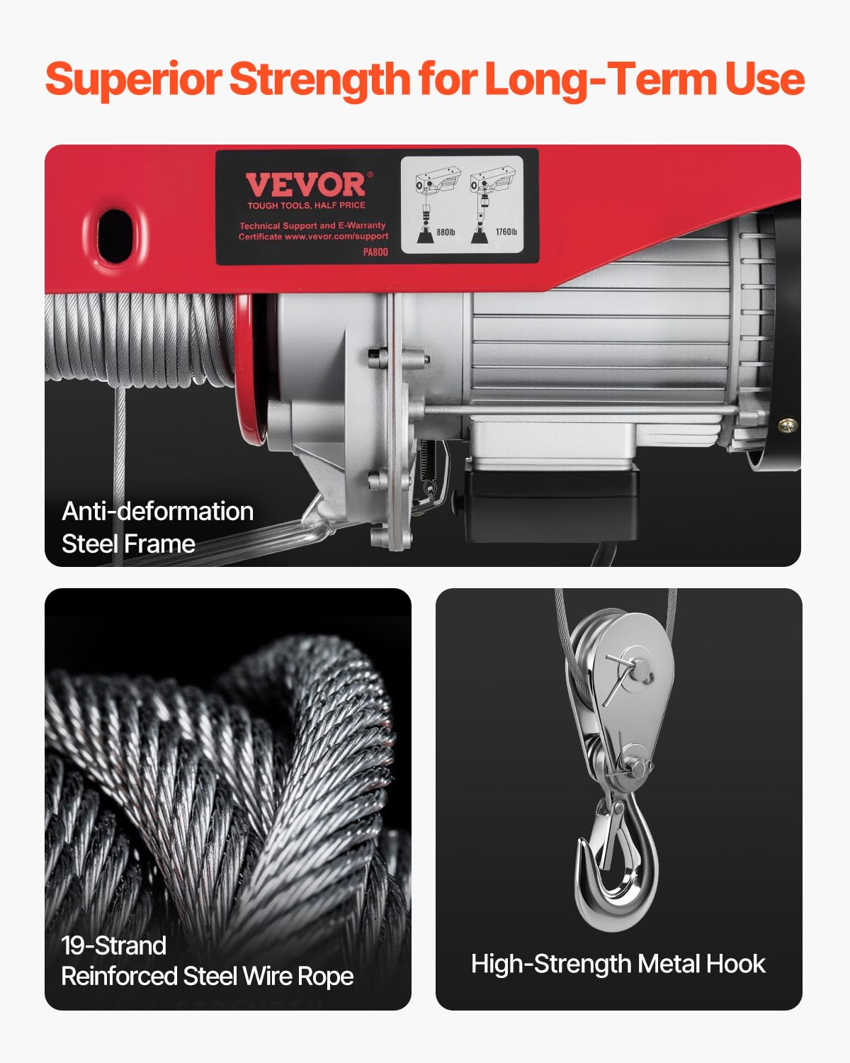 VEVOR Electric Hoist, 1760 lbs 120V Electric Winch with 328 ft Wireless Remote Control, 40 ft Single Cable Lifting Height, Single/Double Slings, Emergency Stop, Lift Hoist for Garage Warehouse Factory VEVOR