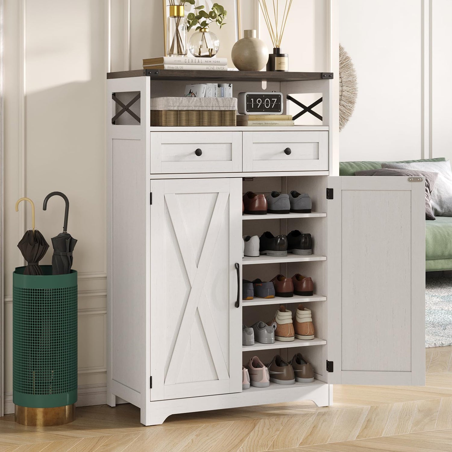 Maupvit 5-Tier Shoe Cabinet with Doors & 2 Drawers, Farmhouse Storage Cabinet with Adjustable Shelves, Wooden Freestanding Shoe Rack Organizer Cabinet for Entryway, Foyer, Hallway, Living Room, White Maupvit