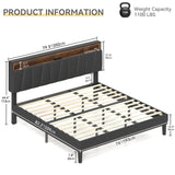 DWVO King Size Bed Frame with Storage Headboard, Upholstered Bed Frame with LED Lights, Platform Bed with Charging Station, No Box Spring Needed, Easy Assembly, Grey DWVO