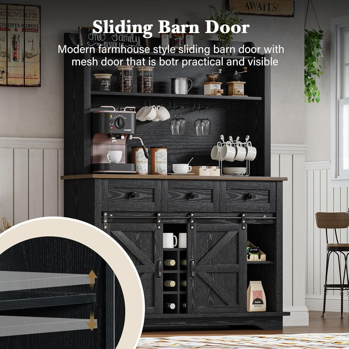 REVOMINCA 63 Inch Tall Coffee Bar Cabinet with 3-Tier, Kitchen Hutch with 3 Large Drawers, Farmhouse Coffee Bar with 9 Wine Racks & 3 Glass Holders, Wine Storage Cabinet for Living Dining Room, Black REVOMINCA