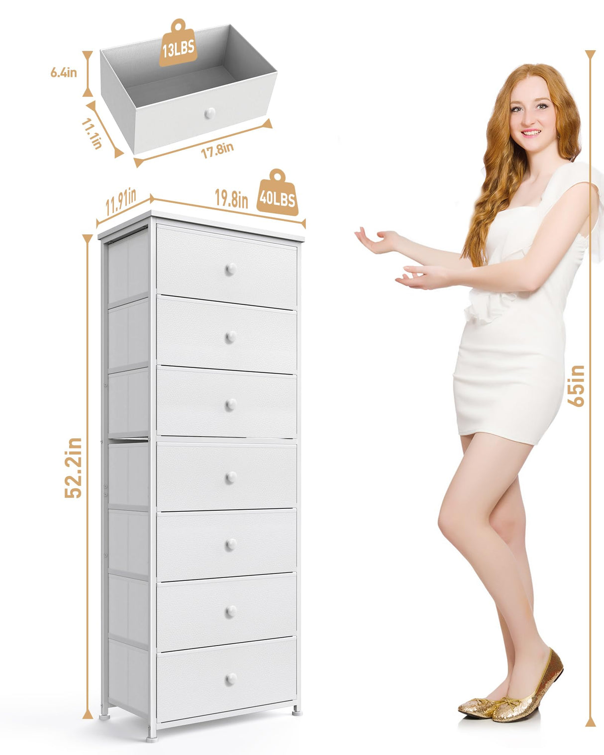 Mifuro Tall Fabric Dresser for Bedroom, Vertical Storage Organizer Tower with 7 Drawers, Chest of Drawers with Fabric Bins, Steel Frame, Wood Top for Bedroom, Closet, Entryway- White Mifuro