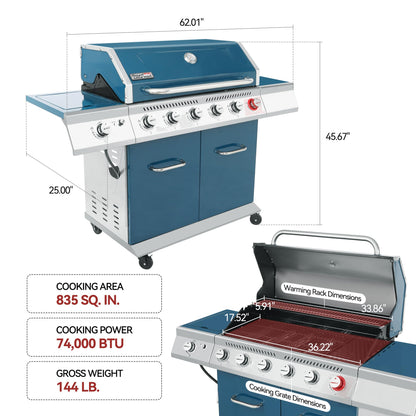 Royal Gourmet GA6402B 6-Burner Propane Gas Grill with Side Burner and Warming Rack, 74,000 BTUs, Cabinet Style Outdoor BBQ Grill for Barbecue Grilling & Backyard Cooking, Blue