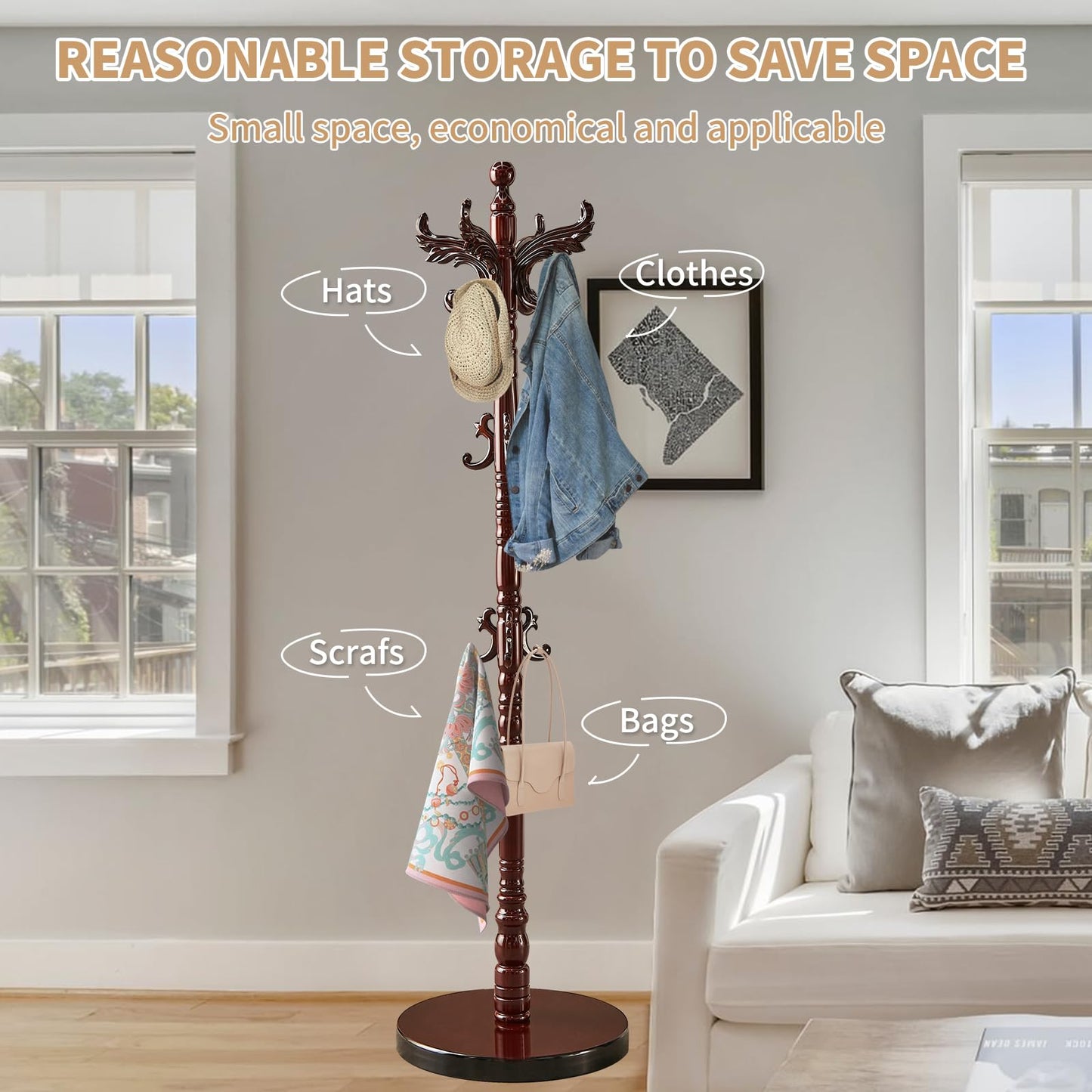 ZOZOE Wooden Classic Coat Rack, Solid Wood Coat Rack Freestanding with 14 Hooks, Vintage Coat Racks with Sturdy Round Base, Natural Birch Wood Coat Tree Stand for Entryway Hallway - WoodArtSupply