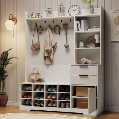 5-in-1 Hall Tree with Storage and Shoe Rack for Entryway,Entryway Bench with Coat Rack and Shoe Cabinet,9 Coat Hooks & 12 Shoe Cubbies,Farmhouse Shoe Storage Cabinet with Drawer for Hallway (White)