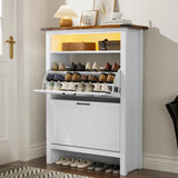 MU Shoe Cabinet with 2 Flip Drawers & Open Storage Space, Entryway Shoe Storage Cabinet with LED Light, Hidden Shoe Organizer for Entryway, White MU