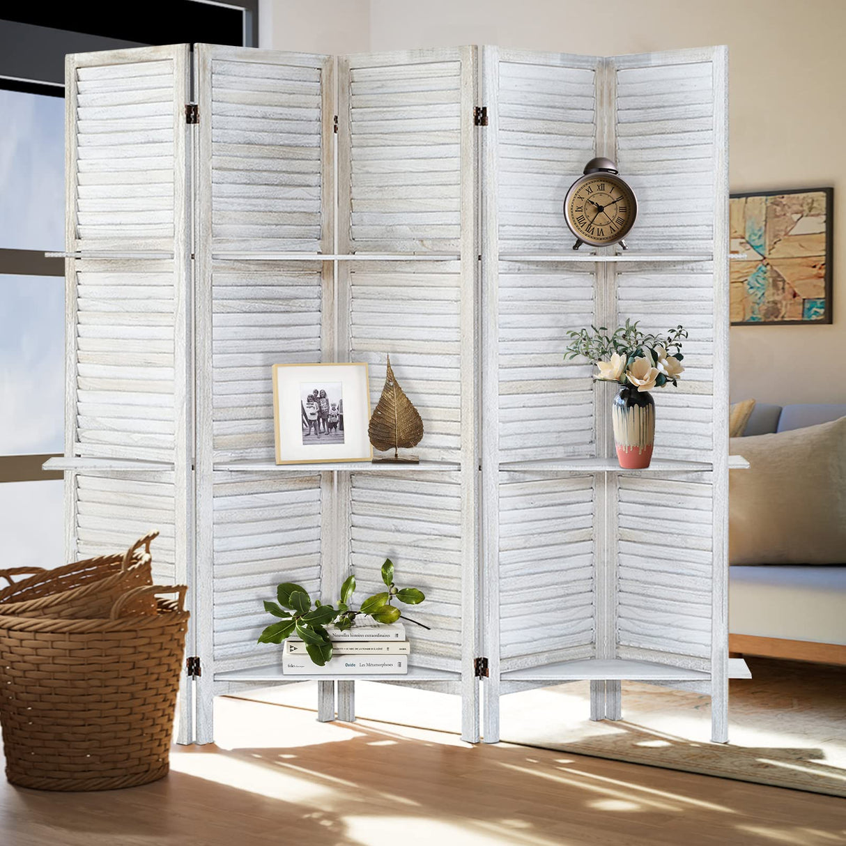 AMBITION LAND Room Divider with Shelves, Privacy Screen, Room Dividers and Folding Privacy Screens, 5 Panel Wood Temporary Wall Partition Separation Separator, Coconut AMBITION LAND