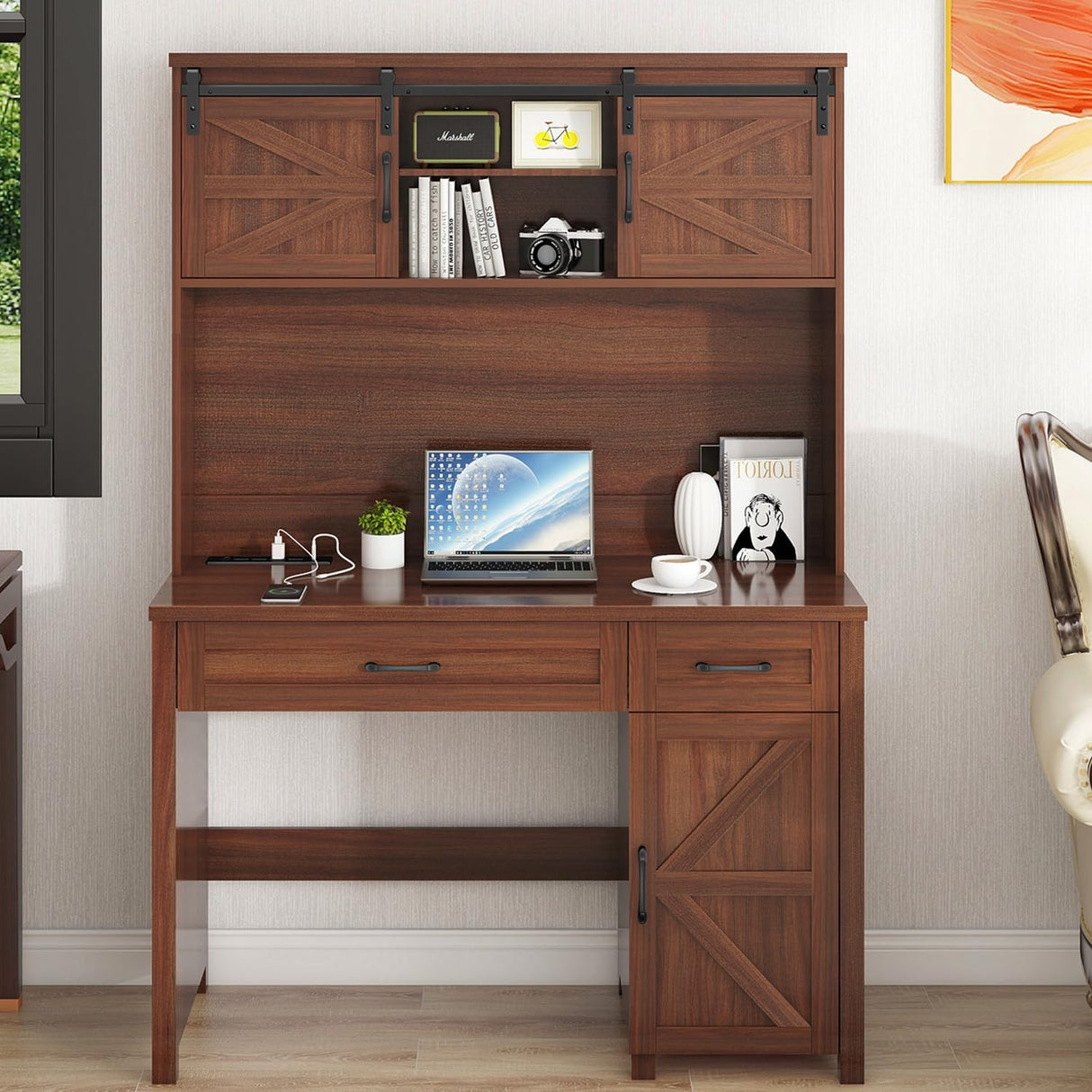 Farmhouse 47" Executive Desk, Computer Desk with Storage Cabinet and Drawers, Workstation Computer Desk with Hutch for Home Office Vabches