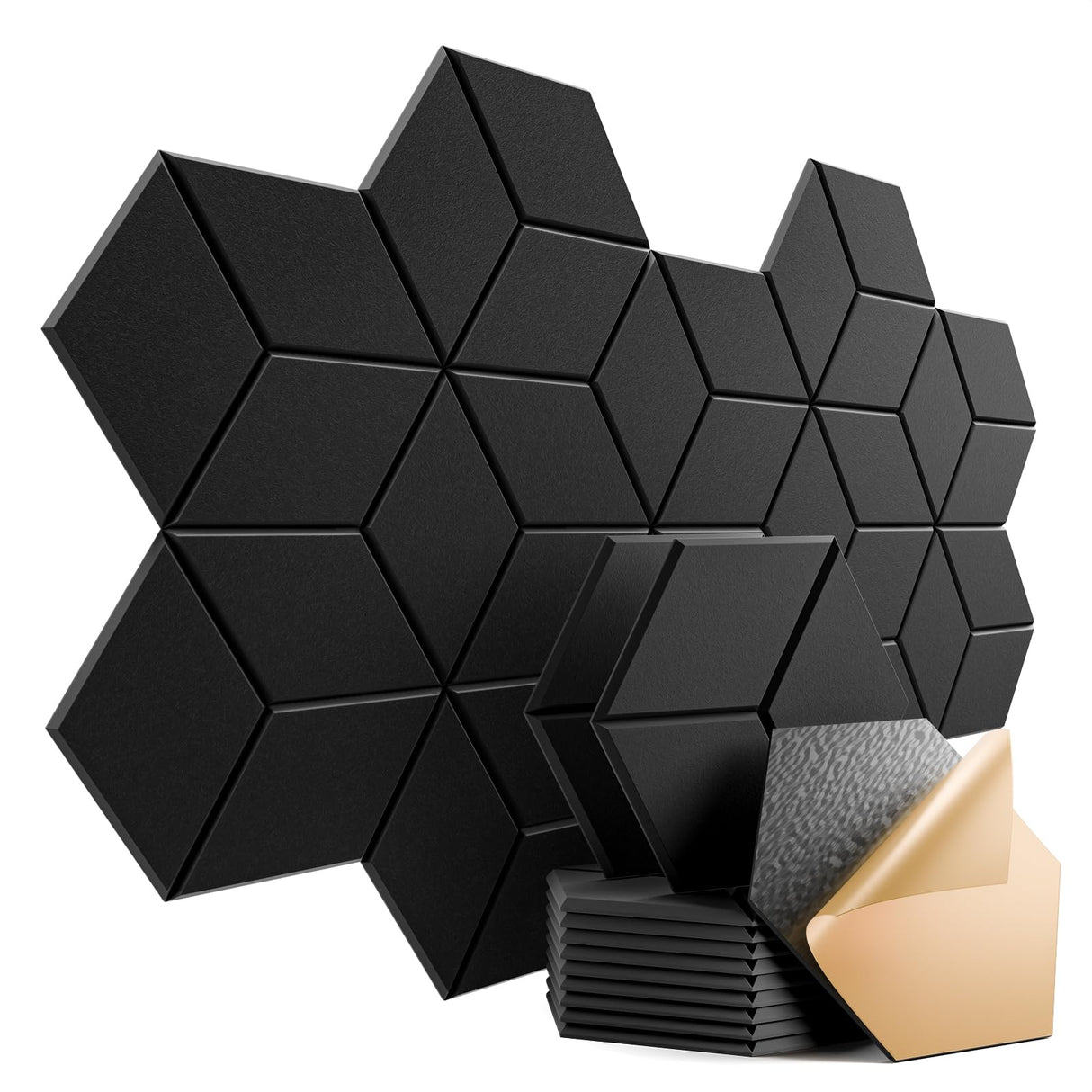 Dailycooper 12 Pack Self-adhesive Acoustic Panels 12" X 10" X 0.4" - Sound Proof Foam Panels for walls with High Density, Y-Lined Design, Flame Resistant, Absorb Noise and Eliminate Echoes(Black) Dailycooper