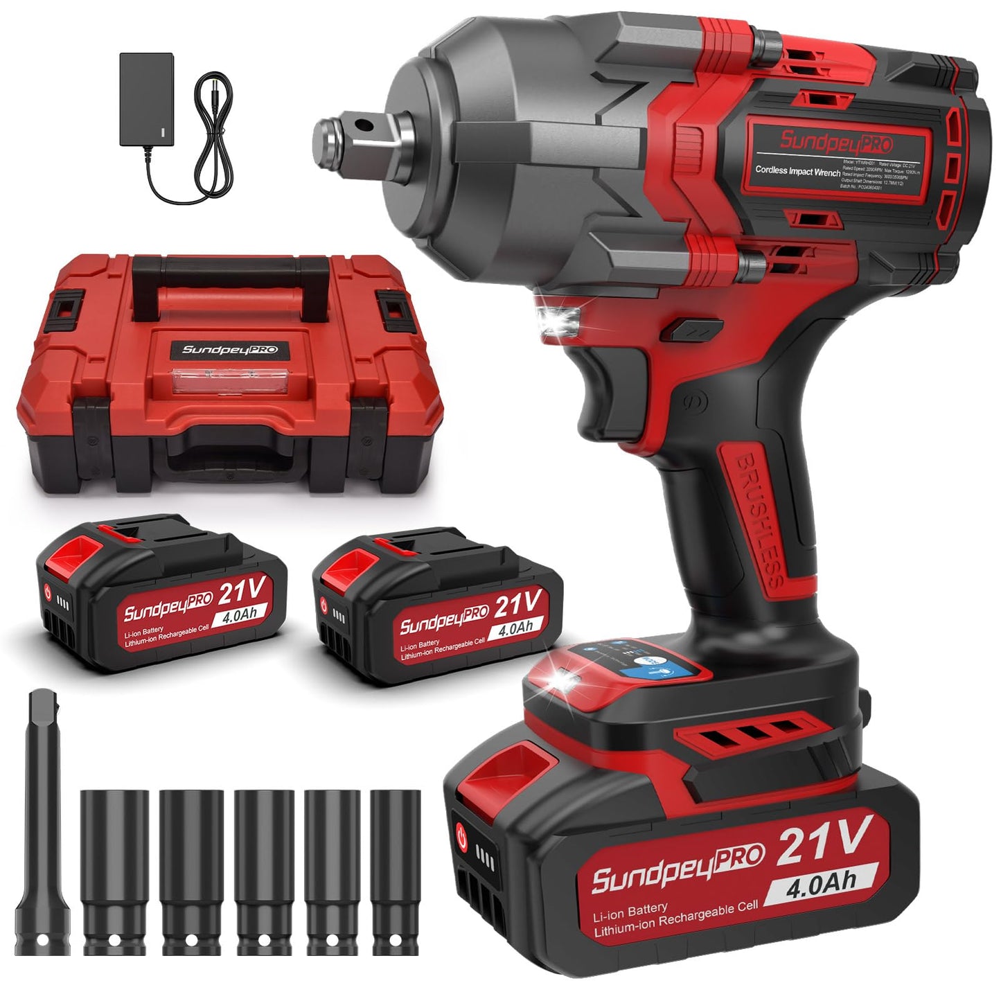 SundpeyPRO Cordless Impact Wrench 900Ft-lbs(1200N·m) - 21V 1/2" Brushless Power Impact Driver with 2 * 4.0Ah Batteries - 3200RPM High Torque Electric Impact Gun with Sockets & Fast Charger &  - WoodArtSupply