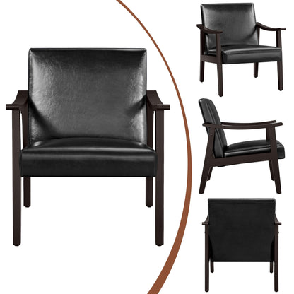 Yaheetech PU Leather Accent Chair, Mid-Century Modern Armchair with Solid Wood Legs, Reading Leisure Chair with High Back for Living Room Bedroom Waiting Room, 2 Pieces, Black - WoodArtSupply