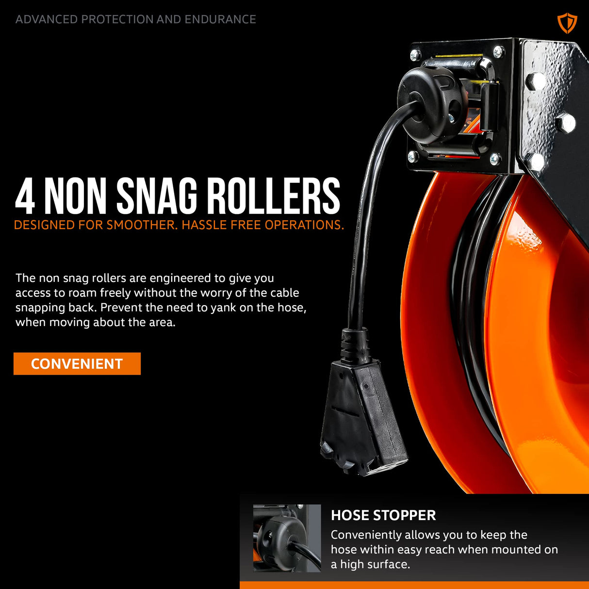 SuperHandy Extension Cord Reel Retractable 12AWG x 80' Foot 3C SJTOW Cable Triple Tap Connector Power Rating 125 Volt AC 15 Amp 1875 Watt Industrial Steel Single Arm SuperHandy