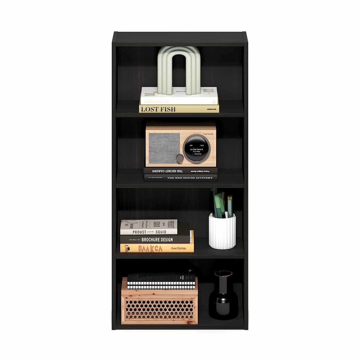 Furinno Basic Book Shelf, 4-Tier Bookcase with Open Shelf, Bookshelf, Cube Storage Organizer, 7 x 17 x 35, for Living Room, Bedroom, Home Office, Espresso Furinno