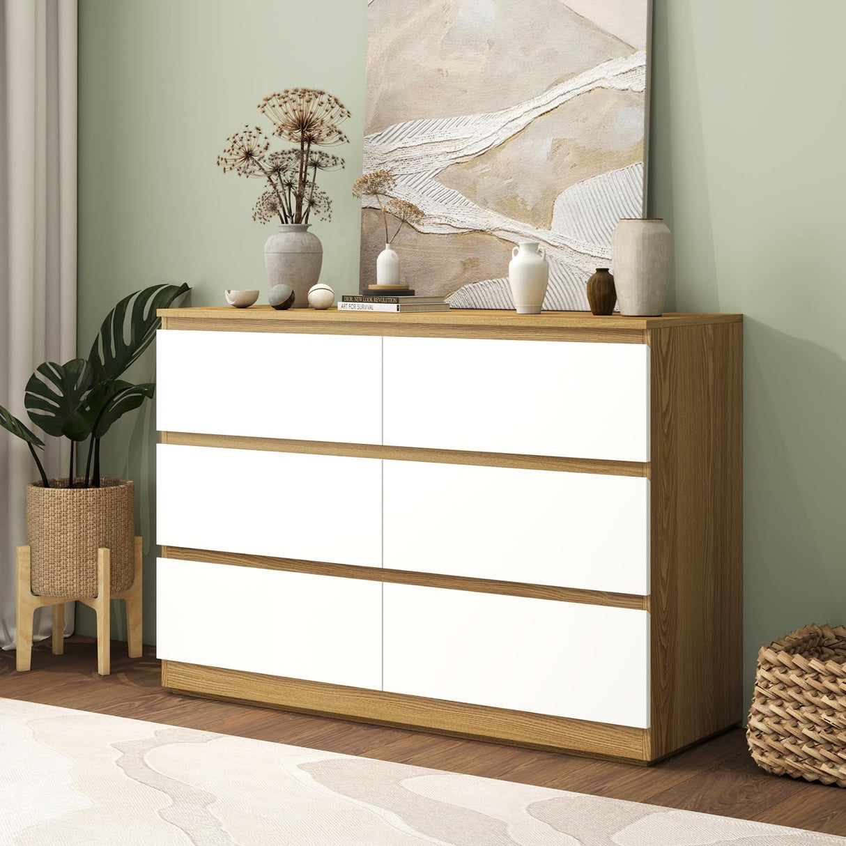 YIGOBUY 6 Drawer Double Dresser, Modern White Wood Chest of Drawers, Wide Natural Wood Dresser for Bedroom, Nursery, Living Room, Large Storage Cabinet YIGOBUY