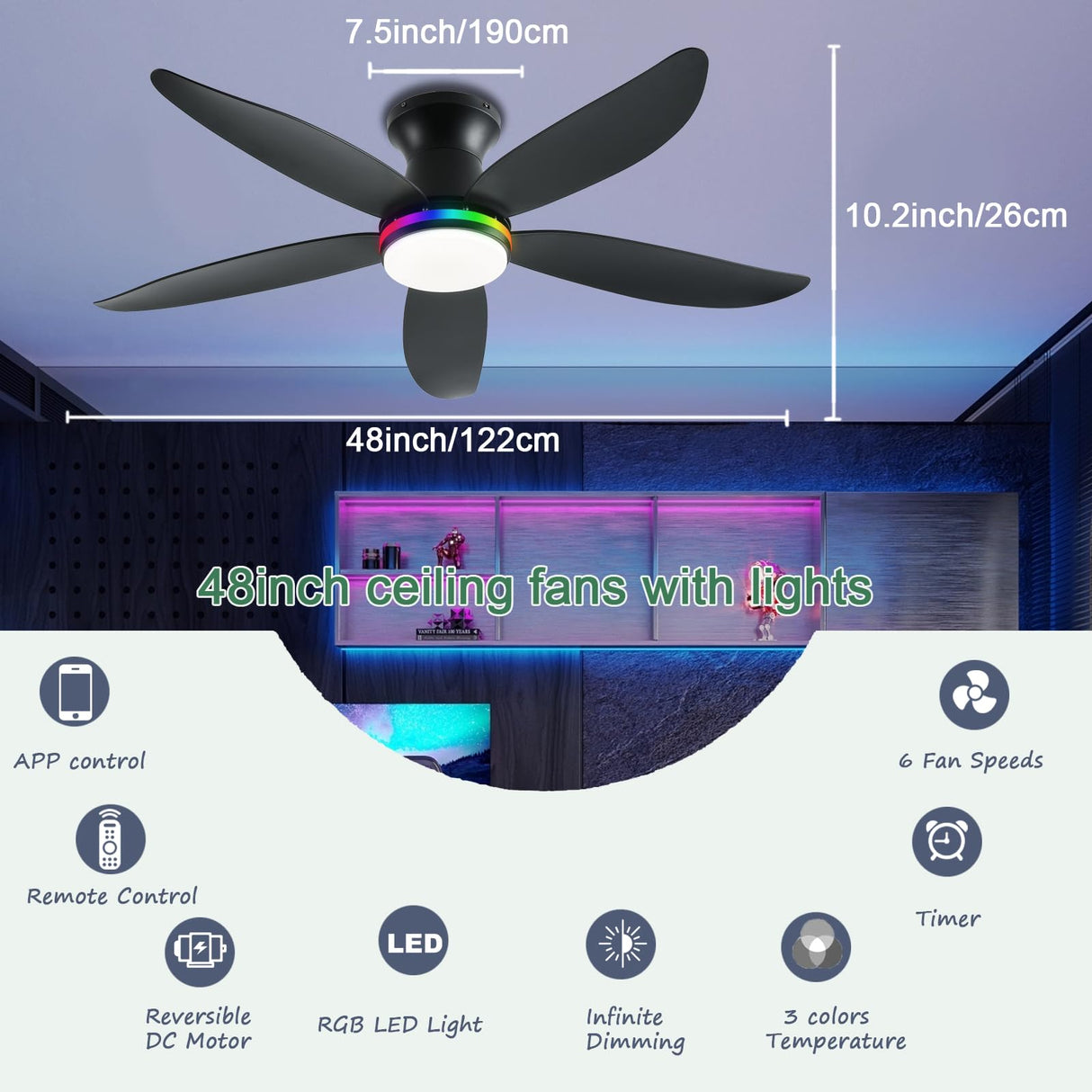 JSAITEE Ceiling Fan with Light, 48" RGB Low Profile Ceiling Fans with Lights and Remote Control, Dimmable, DC Reversible Motor, Noiseless, 6 Speeds Flush Mount Black Ceiling Fan for Bedroom JSAITEE