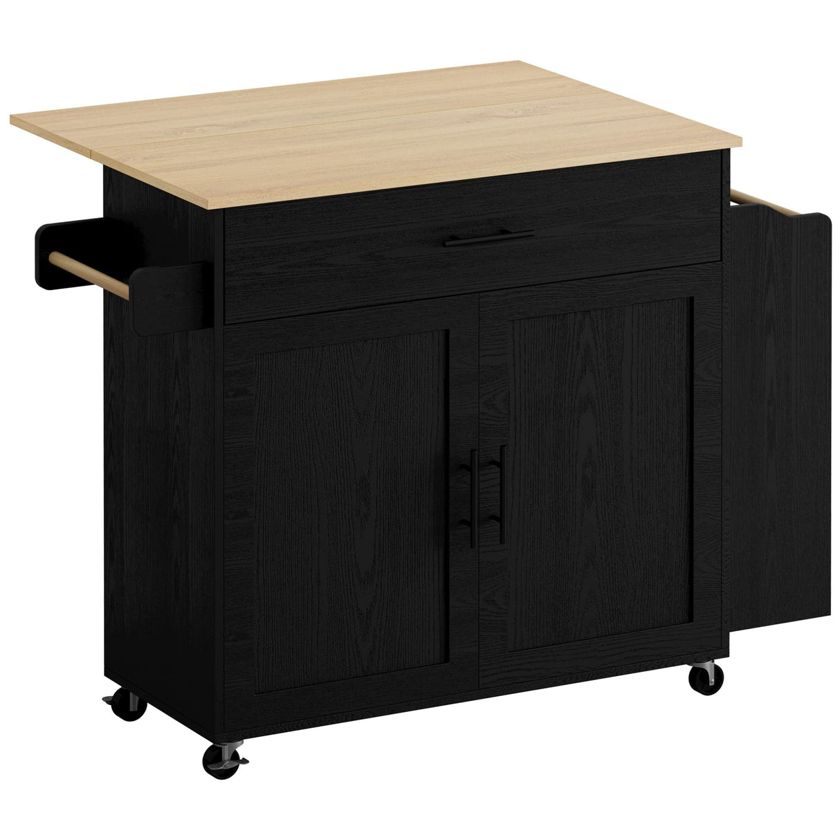 Rolling Kitchen Island with Drop Leaf, Storage Cabinet, and Charging Station - Black by IRONCK IRONCK