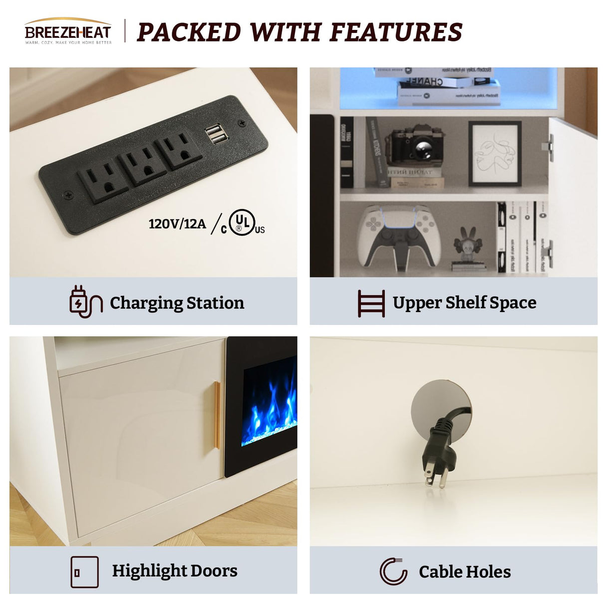 BREEZEHEAT Electric Fireplace TV Stand-Led Entertainment Center-80 inch TV Stand with 42" Electric Fireplace-Living Room Tv Cabinet with Storage for TVs Up to 85"，Modern Media Console (White) BREEZEHEAT