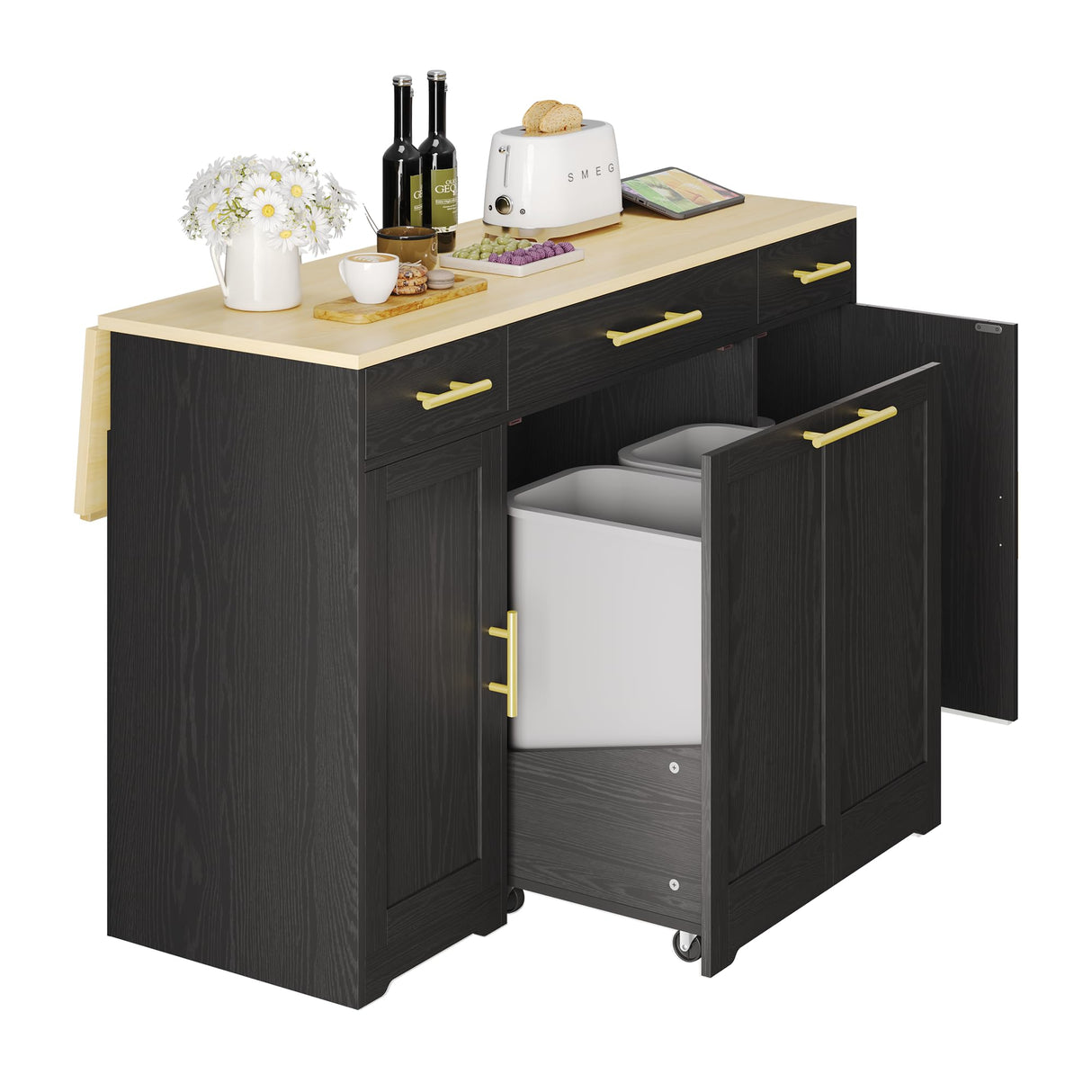 YITAHOME Kitchen Island with Drop Leaf, 55 inch Rolling Kitchen Carts, Modular Pull Out Trash Can Cabinet Fits Double 10-Gallon Garbage Bin, Mobile Island Table with 3 Drawers for Dining Room, Black YITAHOME