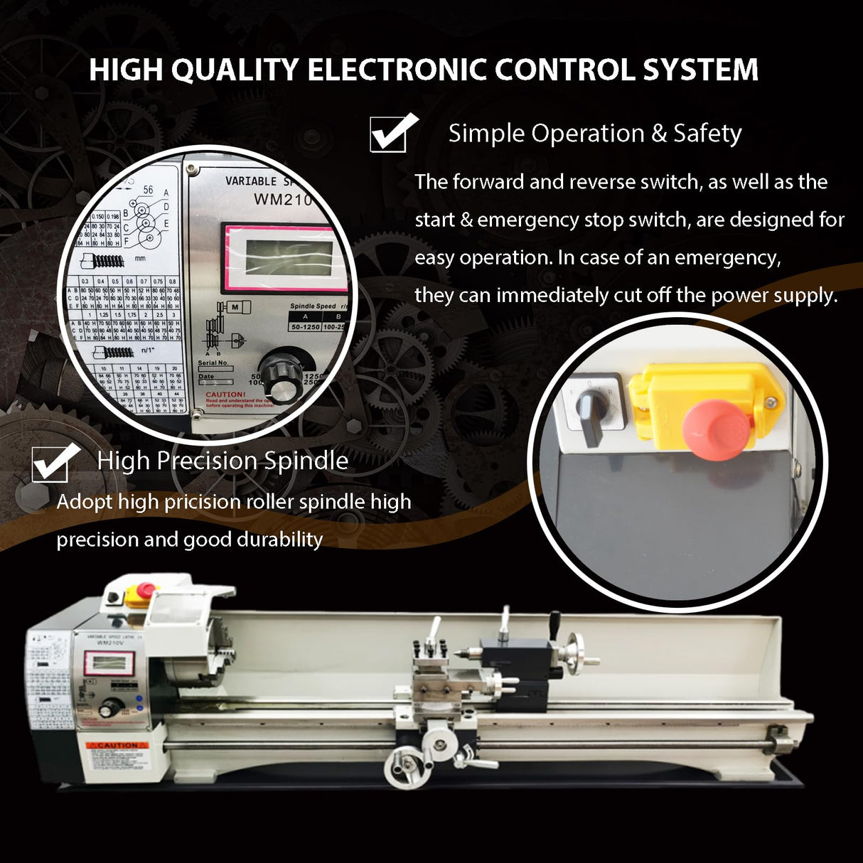 EQCOTWEA Metal Lathe 8''x39'' Benchtop Lathe Machine Pricision Hobby DIY Table Lathe Industrial Metal Wood Working Spinning Horizontal Lathe 1100W Brushless Motor 50-2500RPM Inch Thread WM210V 110V EQCOTWEA