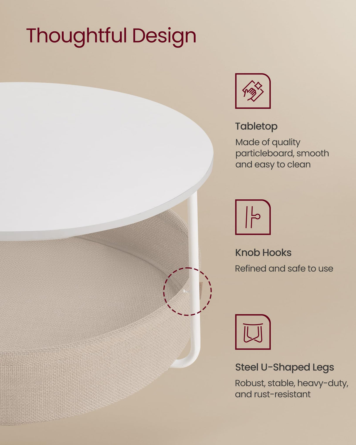 VASAGLE Coffee Table with Storage, Round Center Table for Living Room with Fabric Basket, Modern Style, Metal Frame, Matte White and Camel Brown ULCT244W10 VASAGLE