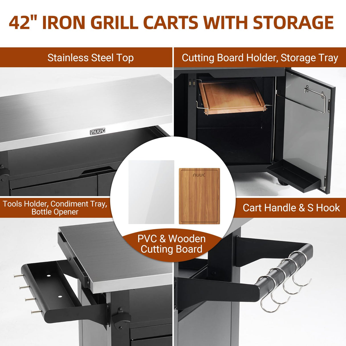 NUUK Outdoor Grill Cart with Storage Cabinet Metal Kitchen Island Prep Table with Movable Universal Wheels and Stainless Steel Top for Outside BBQ Backyard Include Hooks Spice Rack NUUK
