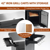 NUUK Outdoor Grill Cart with Storage Cabinet Metal Kitchen Island Prep Table with Movable Universal Wheels and Stainless Steel Top for Outside BBQ Backyard Include Hooks Spice Rack NUUK