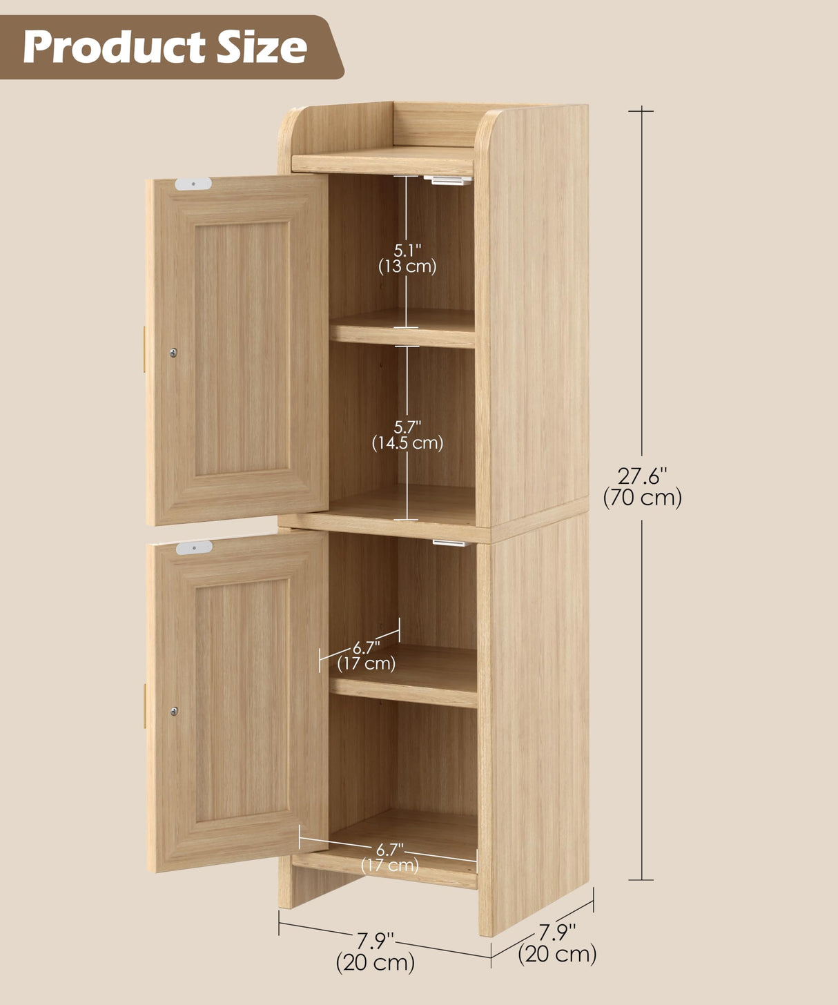 Akxomel Rattan Small Bathroom Cabinet with 2 Doors, Narrow Toilet Paper Storage Cabinet, Bathroom Organizer for Small Spaces, Wooden Slim Corner Floor Unit with Adjustable Shelves, Natural Oak Akxomel